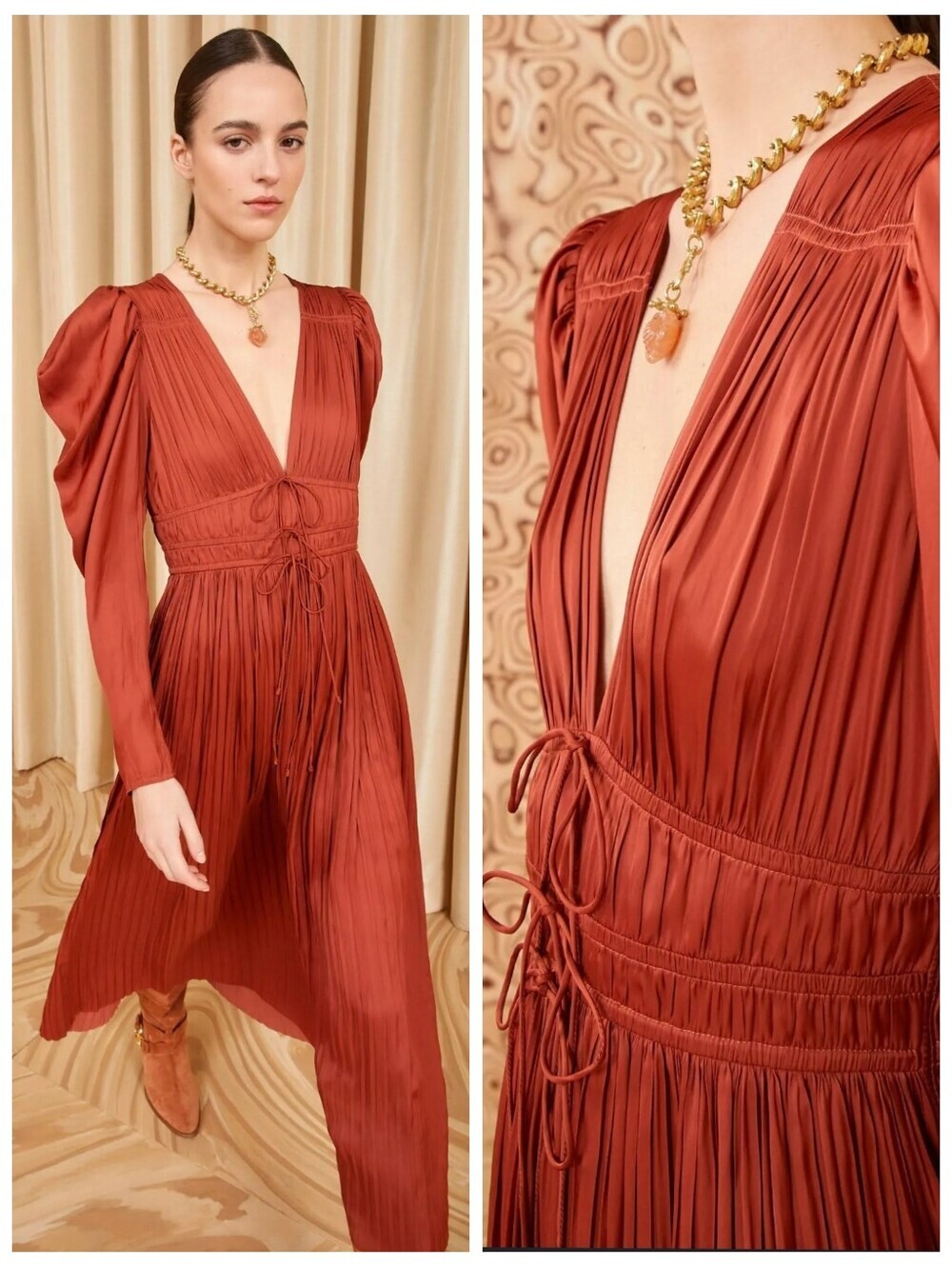 Ulla Johnson Lelou Copper Pleated Satin Midi Dress
